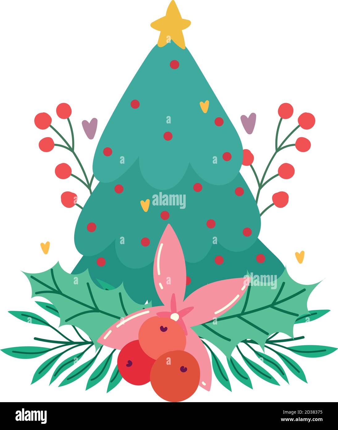 merry christmas, pine tree with flower star holly berry isolated design ...