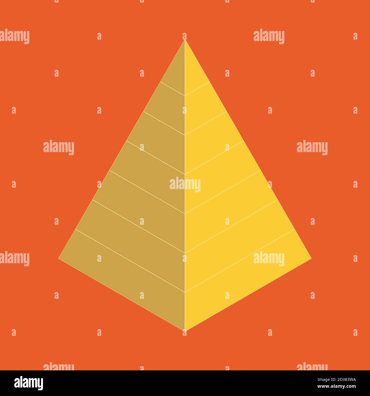 An abstract 3d golden pyramid shape against an orange background. Stock Photo