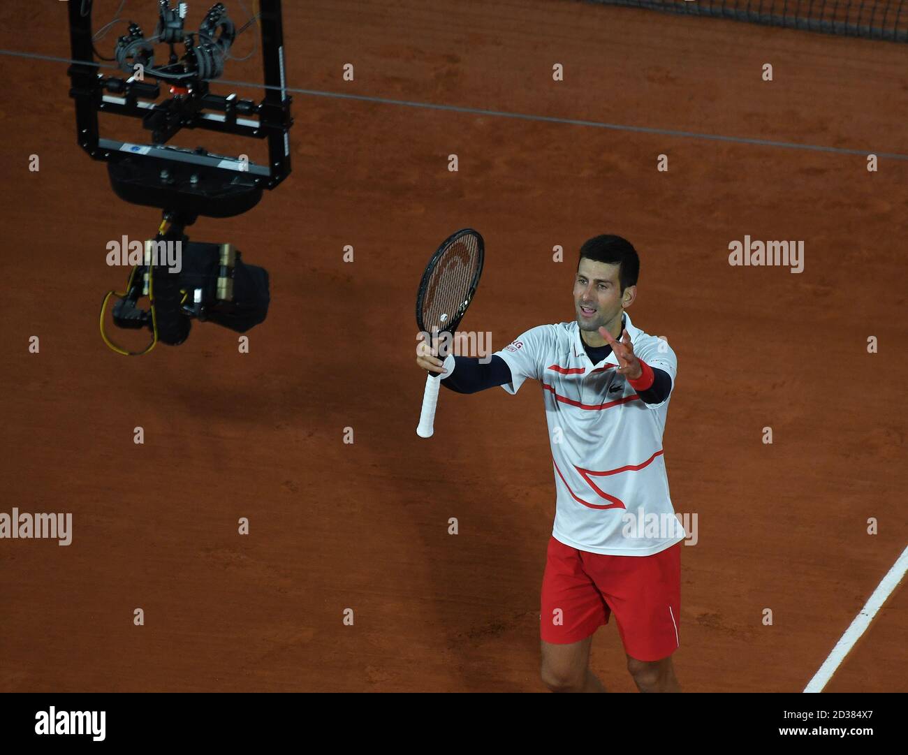 Paris, France. 07th Oct, 2020. Roland Garros Paris French Open 2020 Day 11  071020 Novak Djokovic (SRB) performs for Spidercam after quarter final  match Credit: Roger Parker/Alamy Live News Stock Photo - Alamy