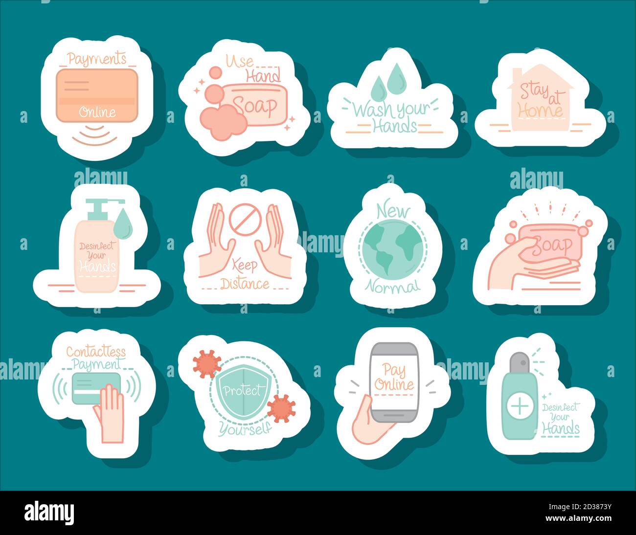 new normal, set icons sticker prevention after coronavirus, hand made ...