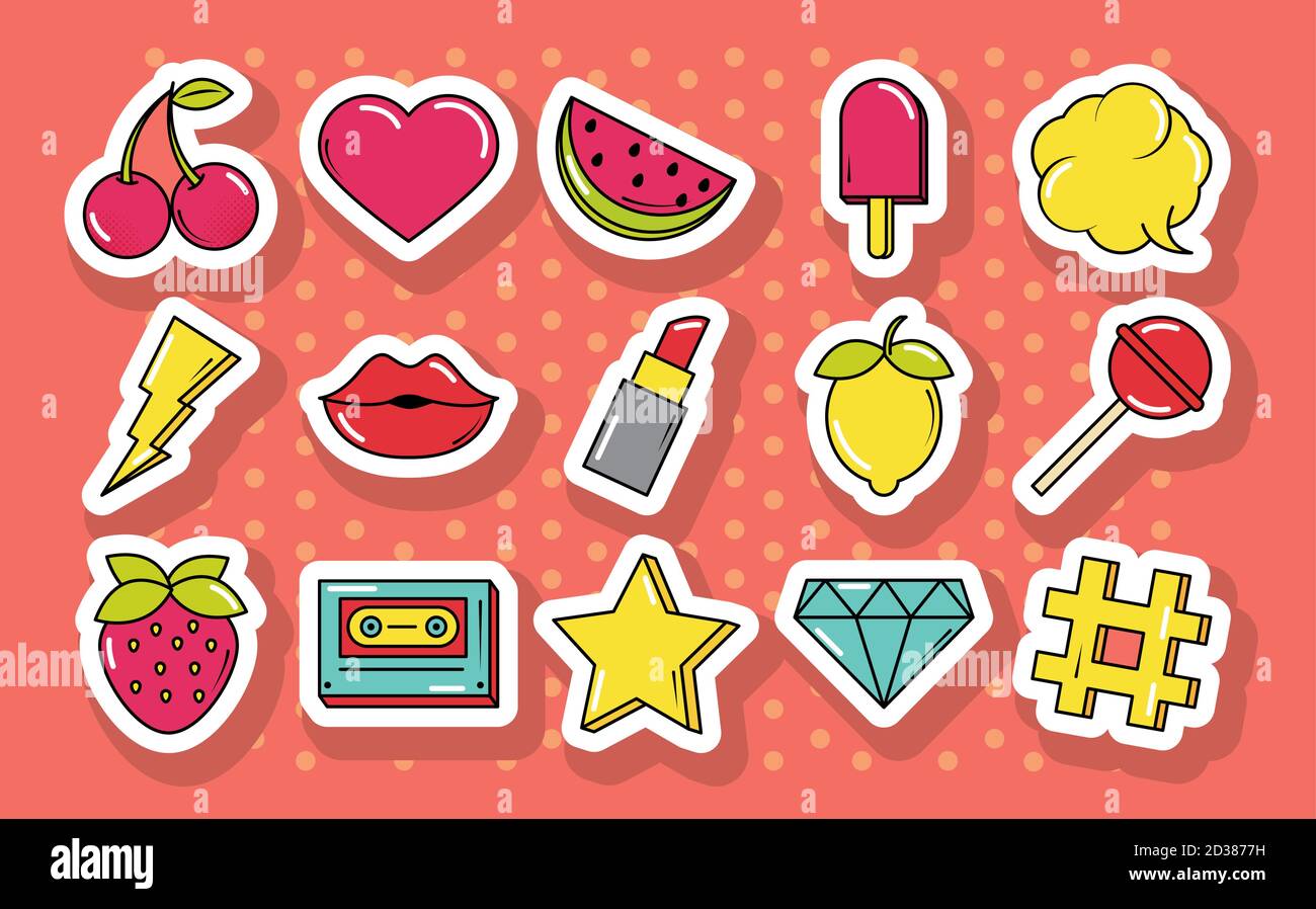 pop art comic, set of stickers, pins, patches, flat icons vector ...