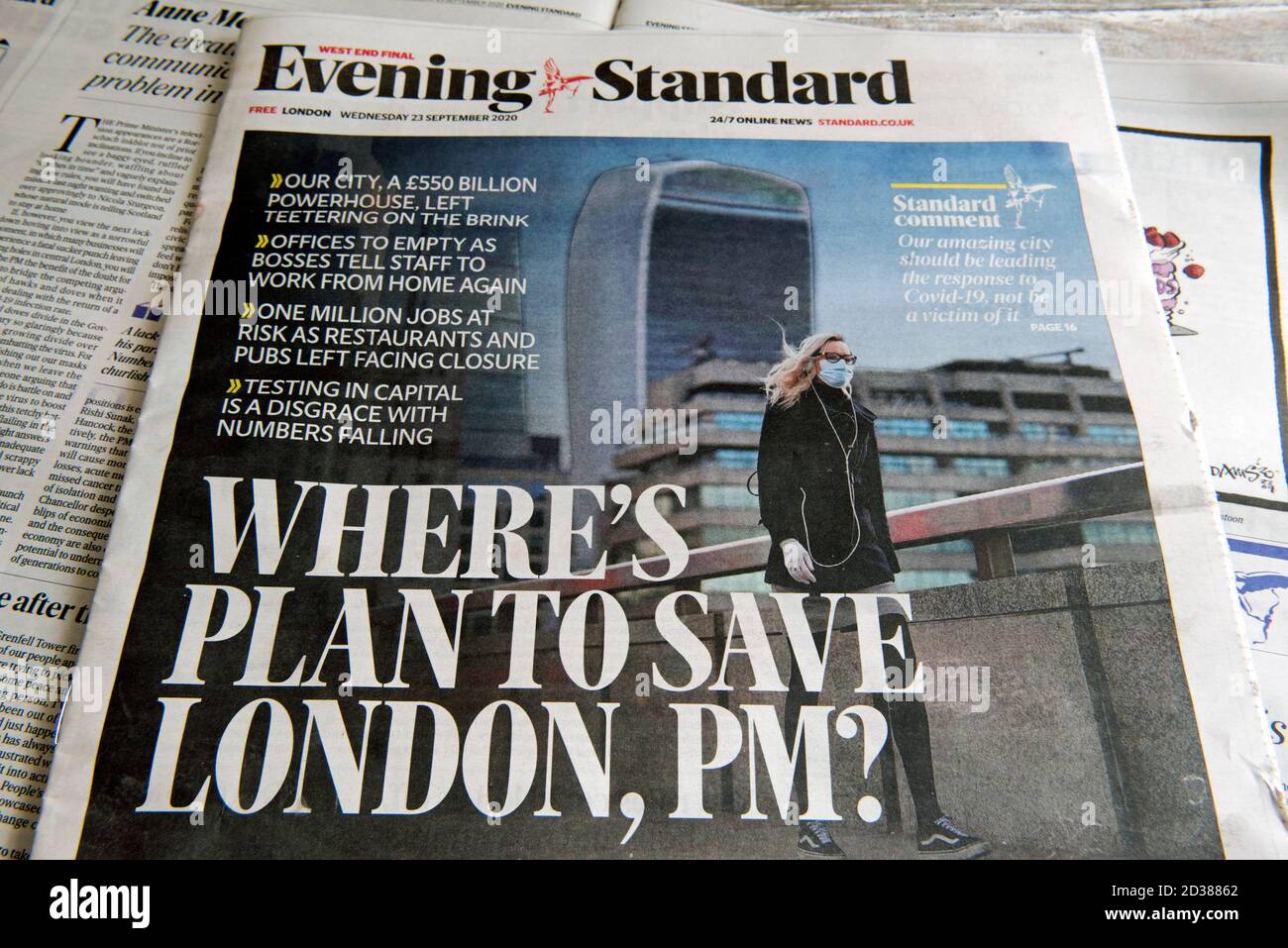 Evening Standard newspaper headline -  Where's the Plan to Save London, PM? - dated Wednesday 23rd September 2020.  Corvid19, Coronavirus Stock Photo