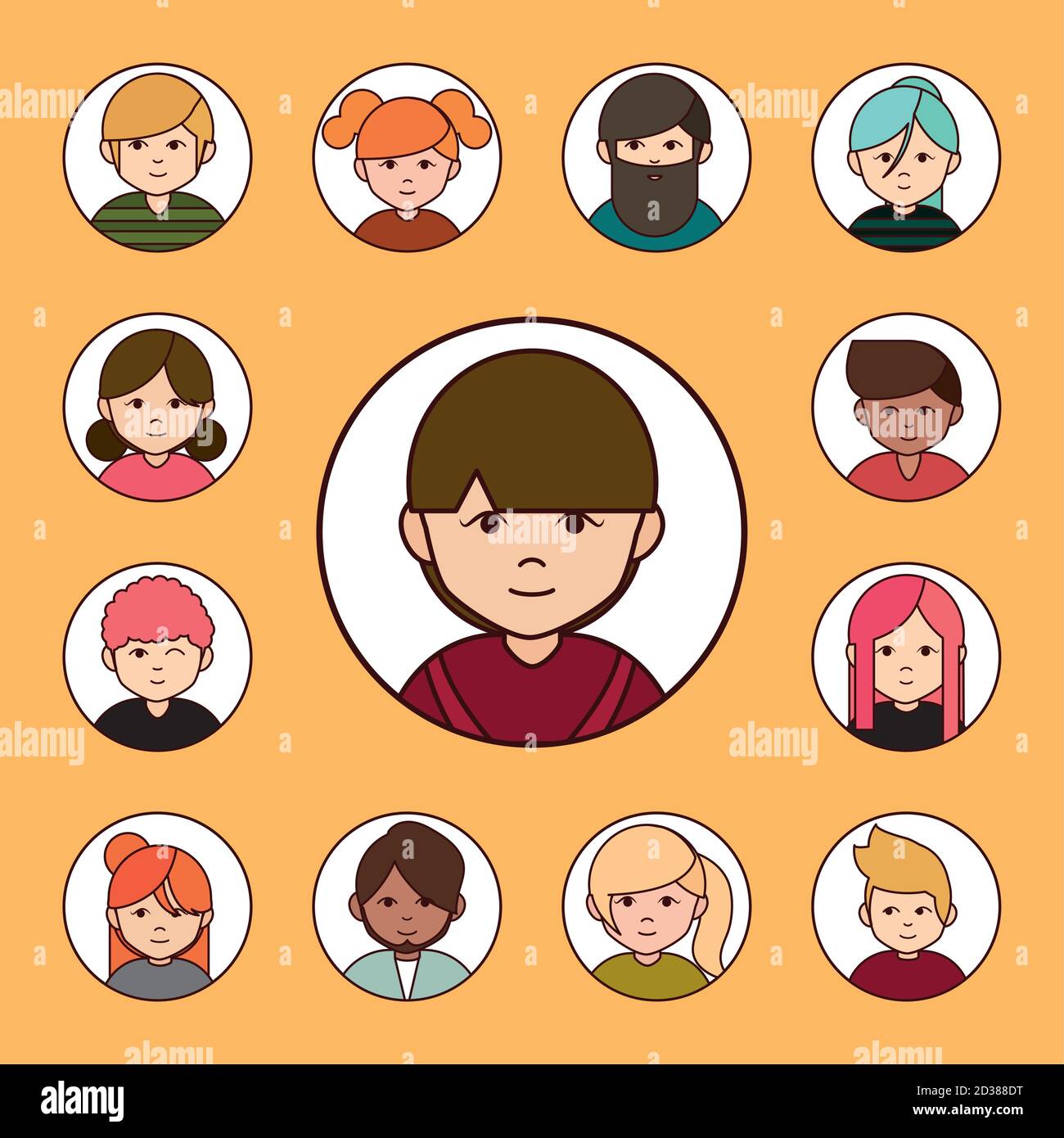 diverse people group cartoon characters, round line icons set vector