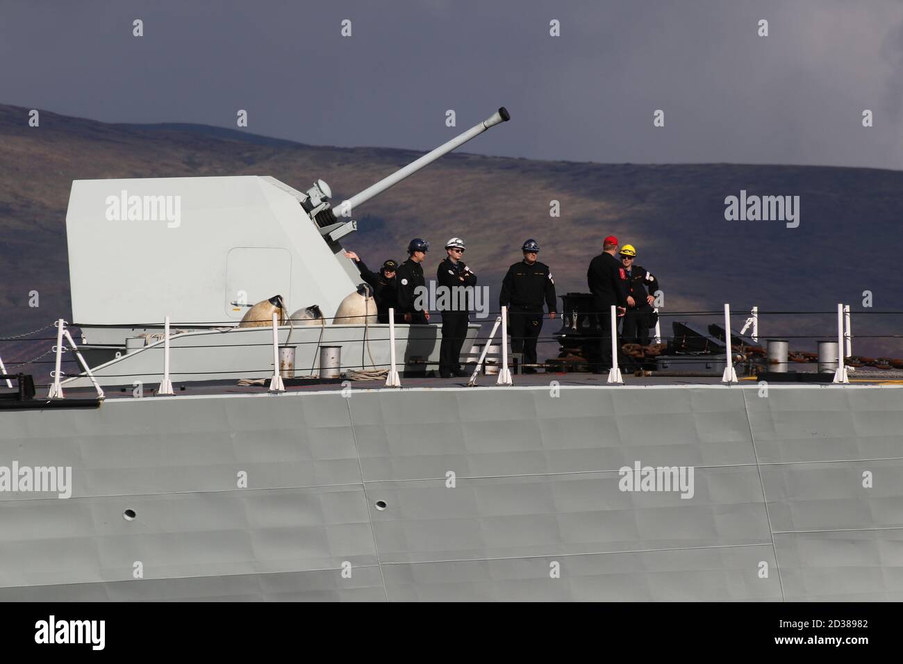 A Mark 3 Bofors 57mm naval gun, used on HMCS Halifax (FFH-330), a Halifax-class (or City-class) frigate operated by the Royal Canadian Navy, photographed as the vessel passed Greenock on her arrival for Exercise Joint Warrior. Stock Photo