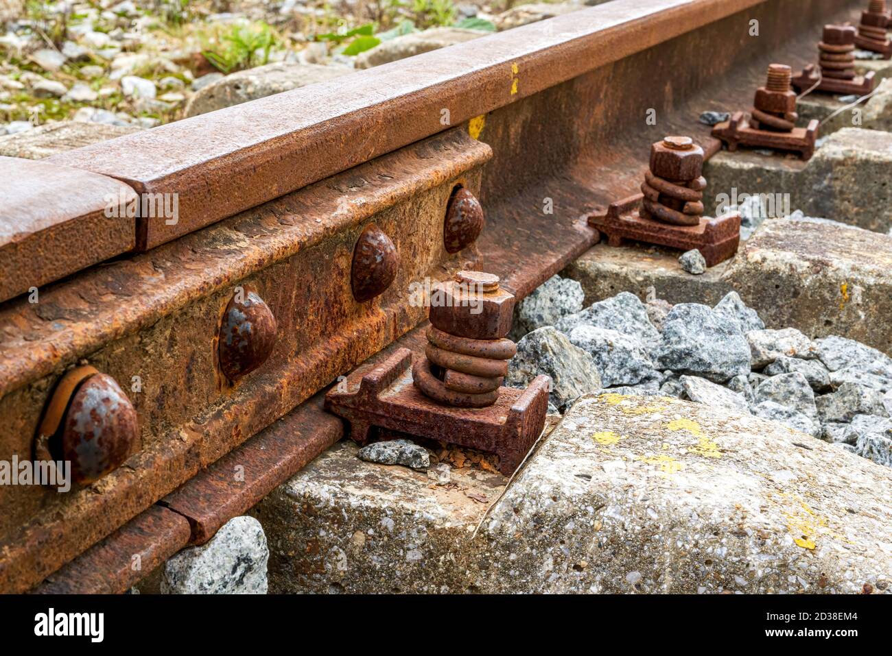Closeup of rails and bolts parts of old railway Stock Photo Alamy