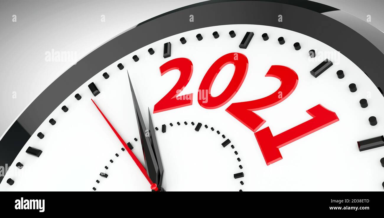 Black clock with 2021 represents coming new year 2021, three-dimensional rendering, 3D illustration Stock Photo