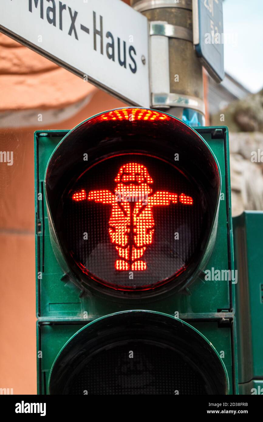 Karl Marx pedestrian red traffic light Trier Germany, steps away from the Karl Marx Haus, House, his birth place. Stock Photo