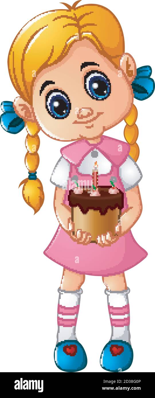 Vector illustration of Cartoon little girl holding a birthday cake