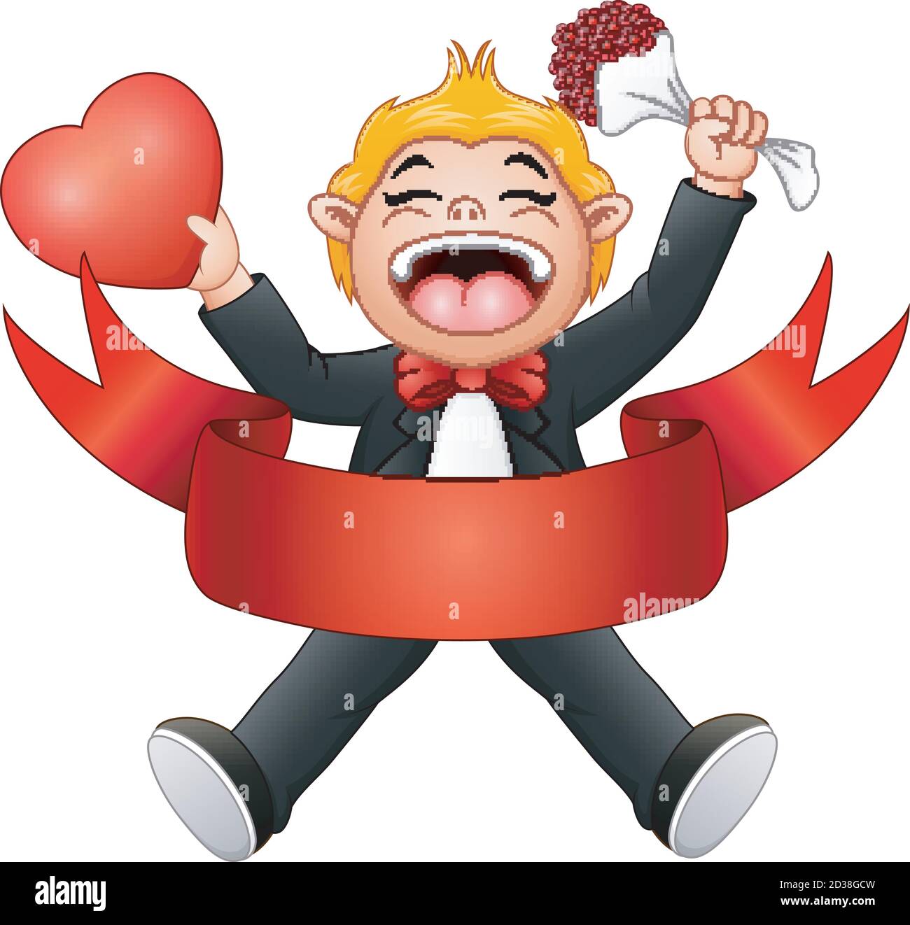 Vector illustration of Boy laughing with flower in hand and heart for ...