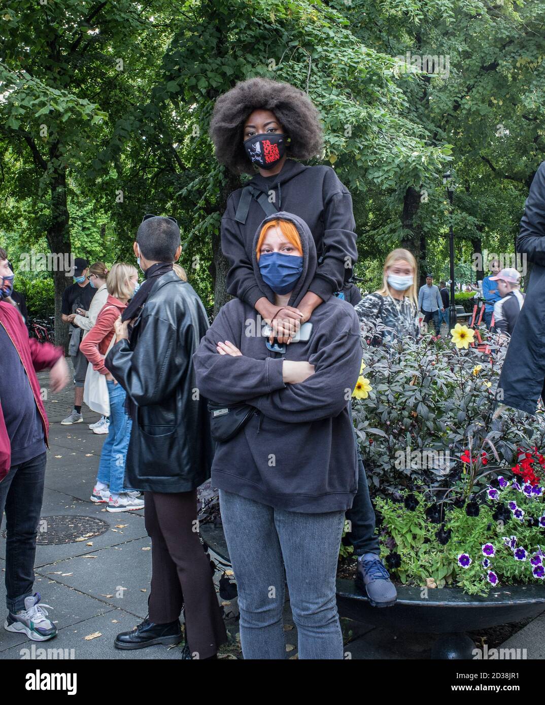 Oslo, Norway. 29th Aug, 2020. Protesters posing for the camera during the  demonstration.Hundreds of Black Lives Matter protesters gathered outside  the Norwegian parliament building in solidarity against the death of George  Floyd