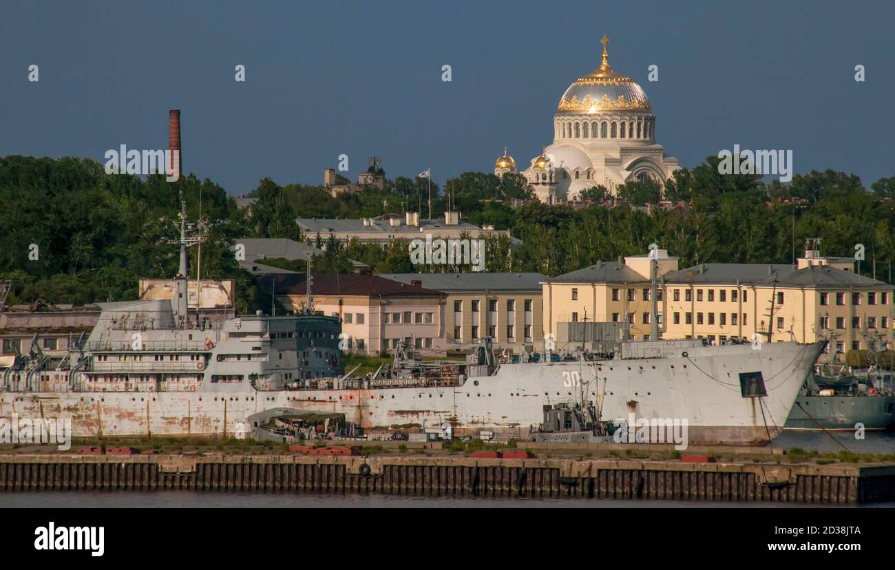 The dome of the Naval Cathedral of St Nicholas dominates the skyline from Petrovsiy Dok in St Petersburg, Russia Stock Photo