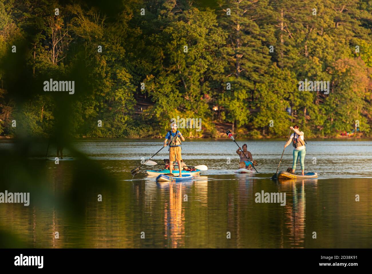 Paddleboarders and a kayaker enjoying an evening on the water at sunset on Stone Mountain Lake at Stone Mountain Park near Atlanta, Georgia. (USA) Stock Photo