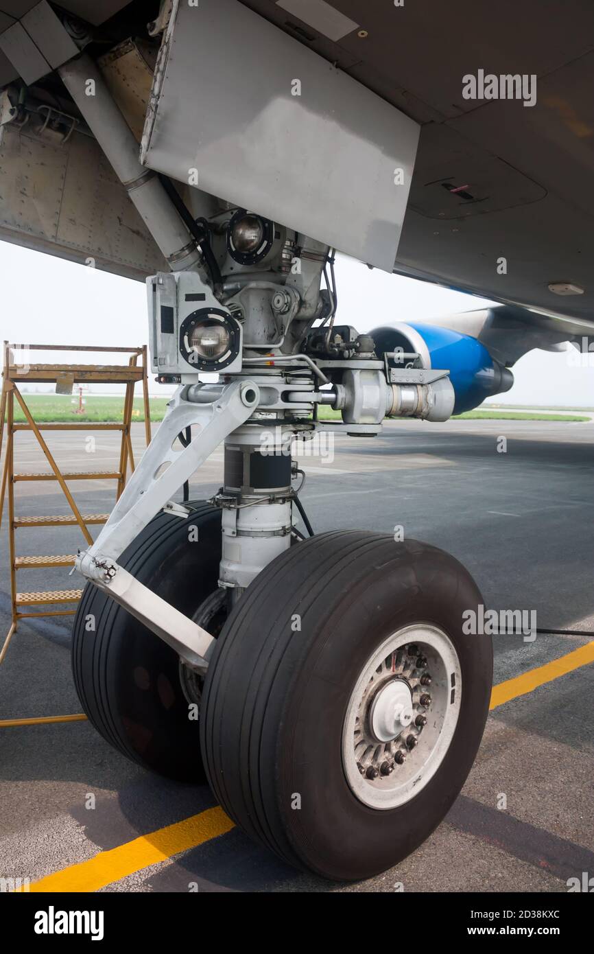 Nose landing gear of big wide body plane Stock Photo