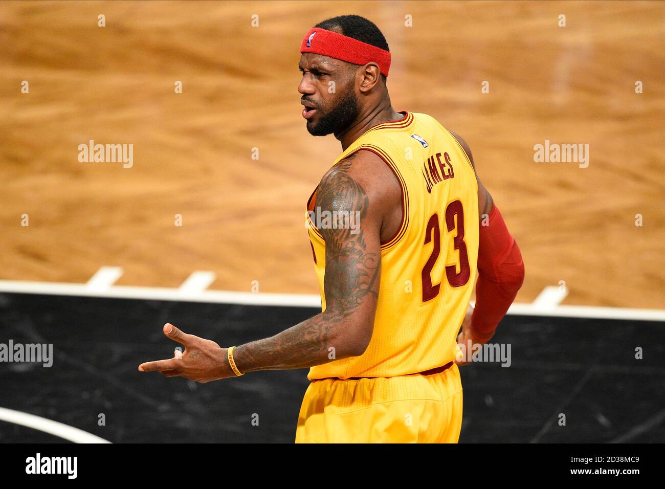 Cleveland Cavaliers forward LeBron James reacts after called foul against the Cavs during the game against the Brooklyn Nets at Barclays Center in New Stock Photo