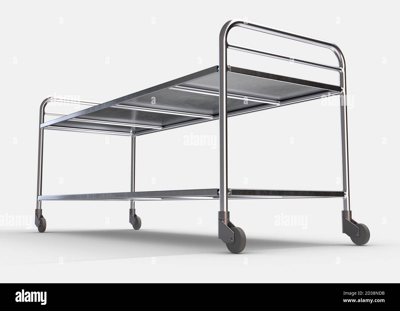 A simple stainless steel and chrome hospital or mortuary gurney with