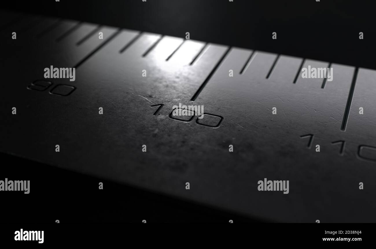 An extreme close up view of the number 100 section of an industrial steel ruler with engraved measurements on a dark moody background - 3D render Stock Photo