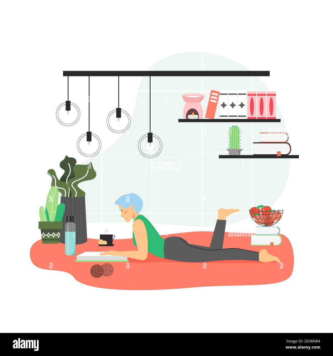 Girl enjoying free time with reading book at home, flat vector ...