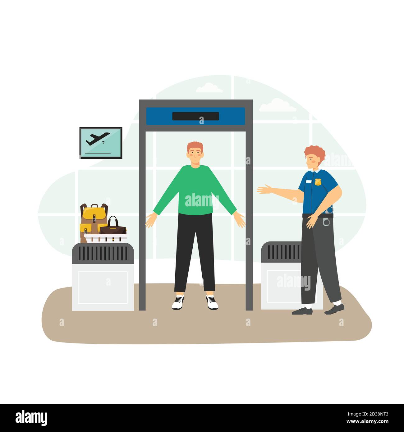 Airport security check point, passenger and baggage screening procedures, flat vector illustration. Stock Vector