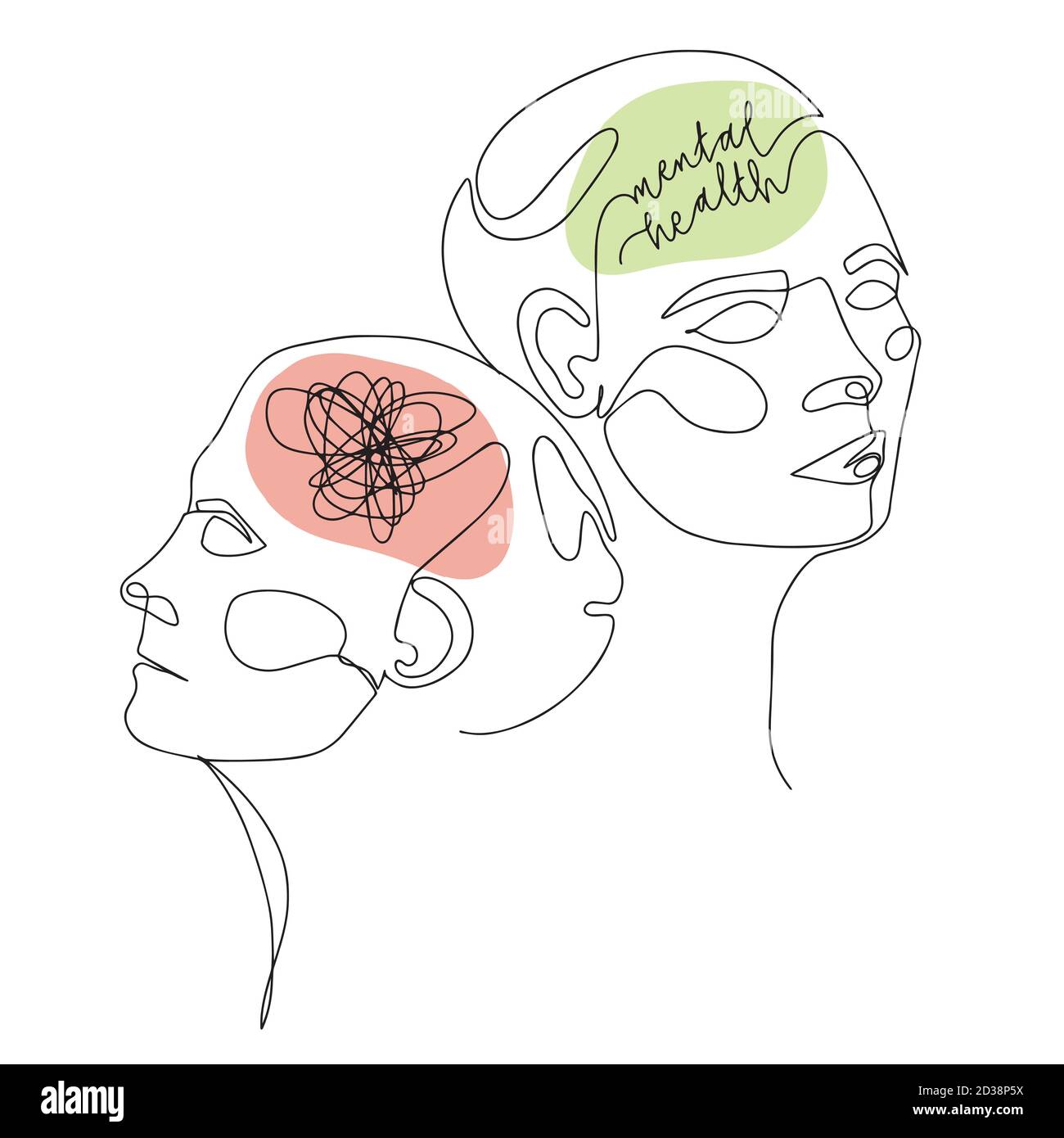 Mental Health For Women. One Line Drawing of Two Human Heads With Quote