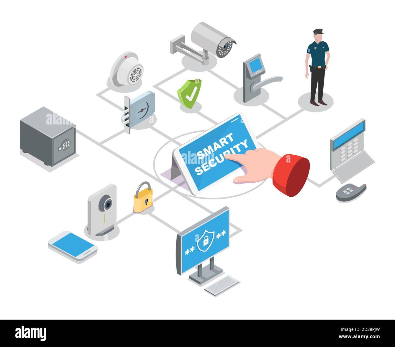 Smart home and office security system isometric flowchart, vector ...