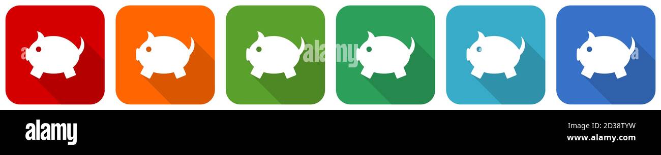 Piggy bank icon set, flat design vector illustration in 6 colors ...