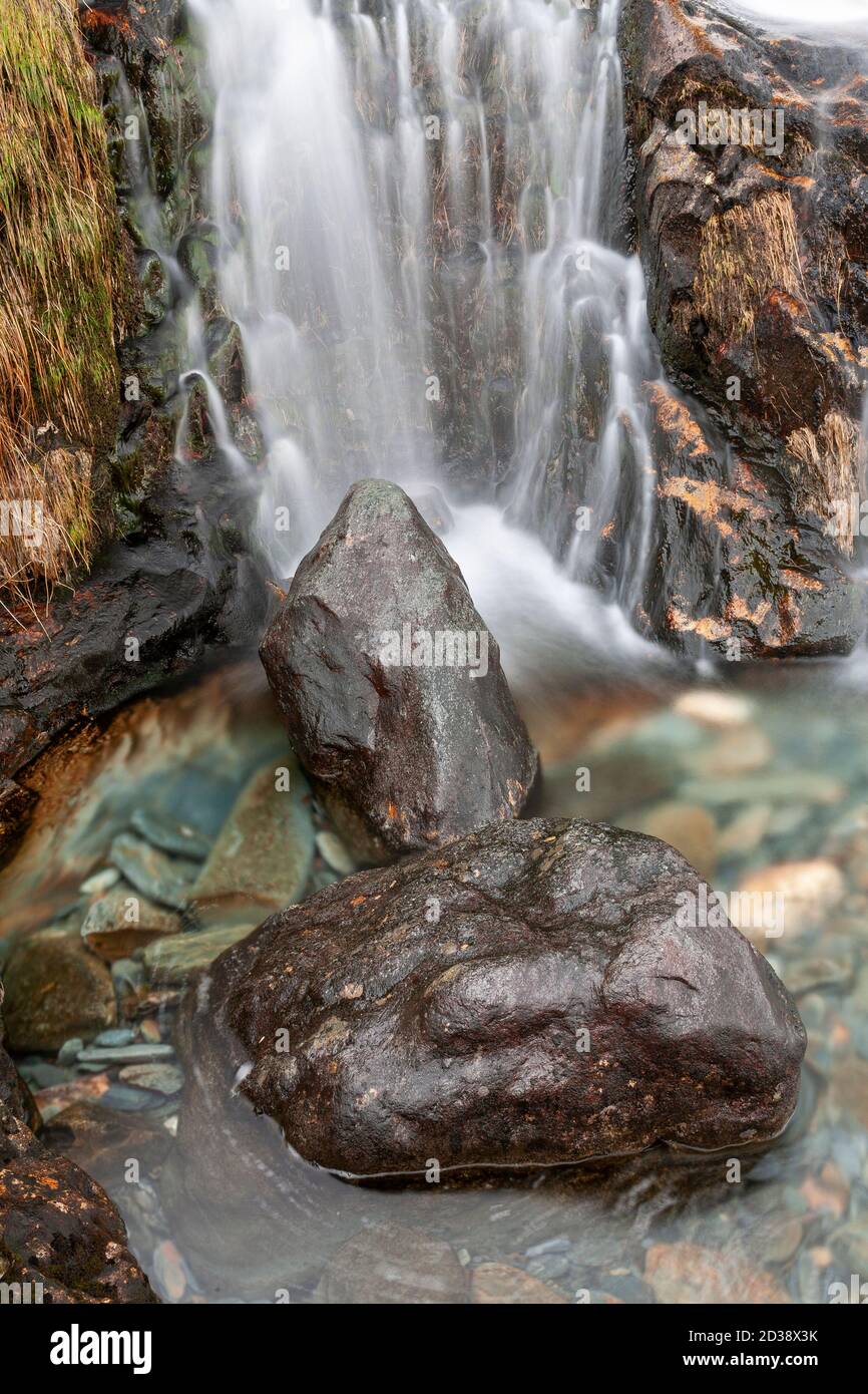 Waterfall along the Watkin Path, Snowdon, Snowdonia, North Wales Stock Photo