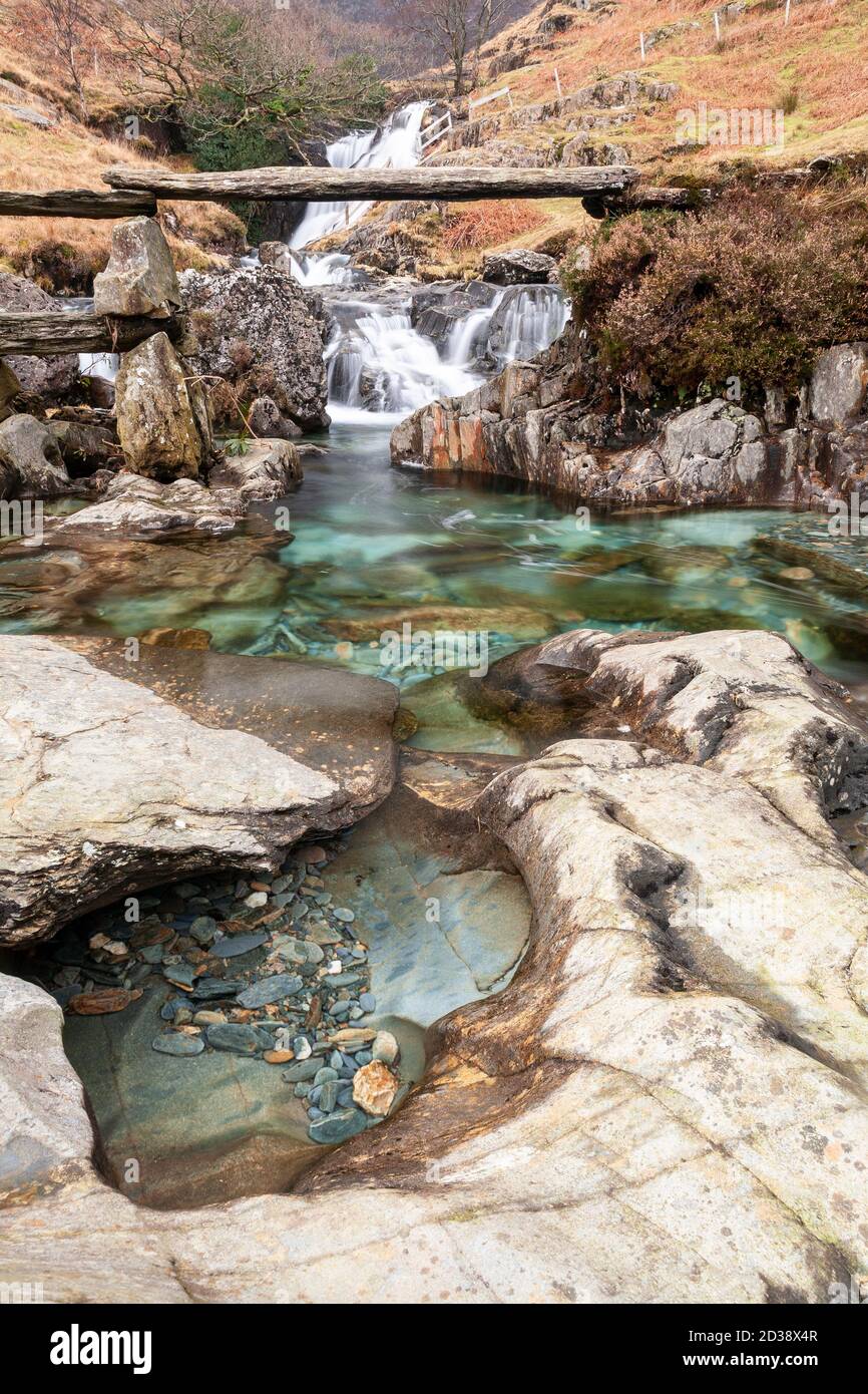 Waterfall along the Watkin Path, Snowdon, Snowdonia, North Wales Stock Photo