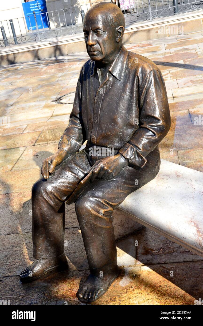 Spain, Malaga, Pablo Picasso statue on the Merced place in front of this native house, this famous spanish painter and sculptor is born in Malaga. Stock Photo