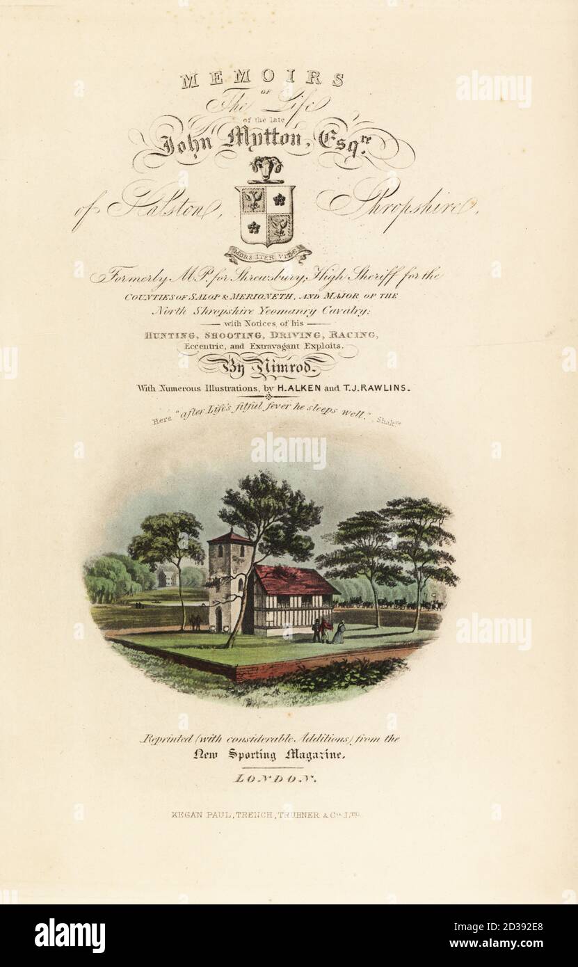 Title page with calligraphic title and vignette of English Tudor country church. Chromolithographic facsimile of an illustration by Henry Thomas Alken from Memoirs of the Life of the Late John Mytton by Nimrod aka Charles James Apperley, Kegan Paul, London, 1900. Stock Photo