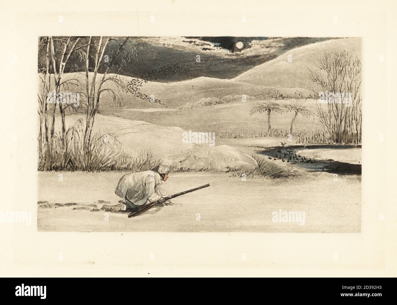 English gentleman in nightshirt crawling on a frozen riverbank to hunt ducks in the moonlight. Mytton wild duck hunting. Chromolithographic facsimile of an illustration by Henry Thomas Alken from Memoirs of the Life of the Late John Mytton by Nimrod aka Charles James Apperley, Kegan Paul, London, 1900. Stock Photo