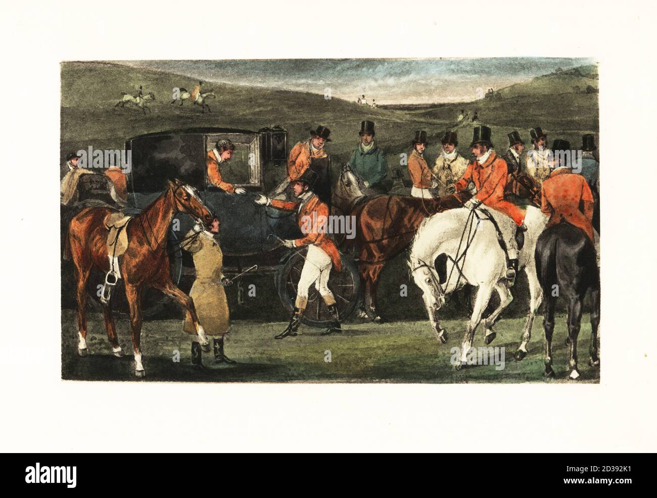 Victorian gentlemen on horseback gathering for a stag hunt. Men in pinks and top hats wait for the hunt to start, while Lord Stanley greets Mytton in his coach.The Meet with Lord Derby’s staghounds. Chromolithographic facsimile of an illustration by Henry Thomas Alken from Memoirs of the Life of the Late John Mytton by Nimrod aka Charles James Apperley, Kegan Paul, London, 1900. Stock Photo