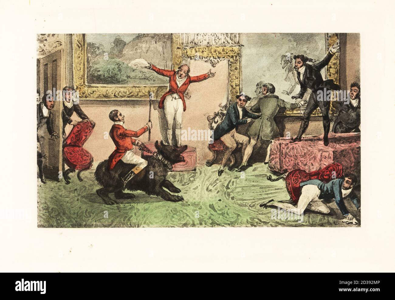 Drunken English gentleman rides a bear into a drawing room. Other guests jump on furniture to escape. Tally ho! Tally ho! A new hunter, first then, Tally ho! Chromolithographic facsimile of an illustration by Henry Thomas Alken from Memoirs of the Life of the Late John Mytton by Nimrod aka Charles James Apperley, Kegan Paul, London, 1900. Stock Photo