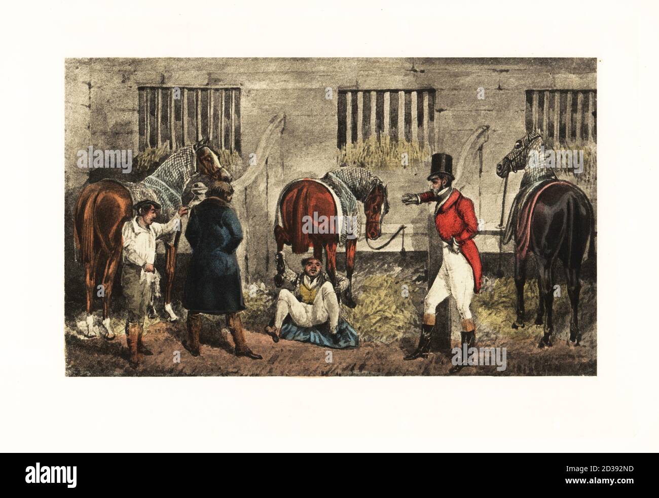 A drunken gentleman tries to put a race-horse’s hind feet in his dressing-gown pockets in the stables. A trainer and other gentlemen watch in horror. The Oaks filly. Chromolithographic facsimile of an illustration by Henry Thomas Alken from Memoirs of the Life of the Late John Mytton by Nimrod aka Charles James Apperley, Kegan Paul, London, 1900. Stock Photo