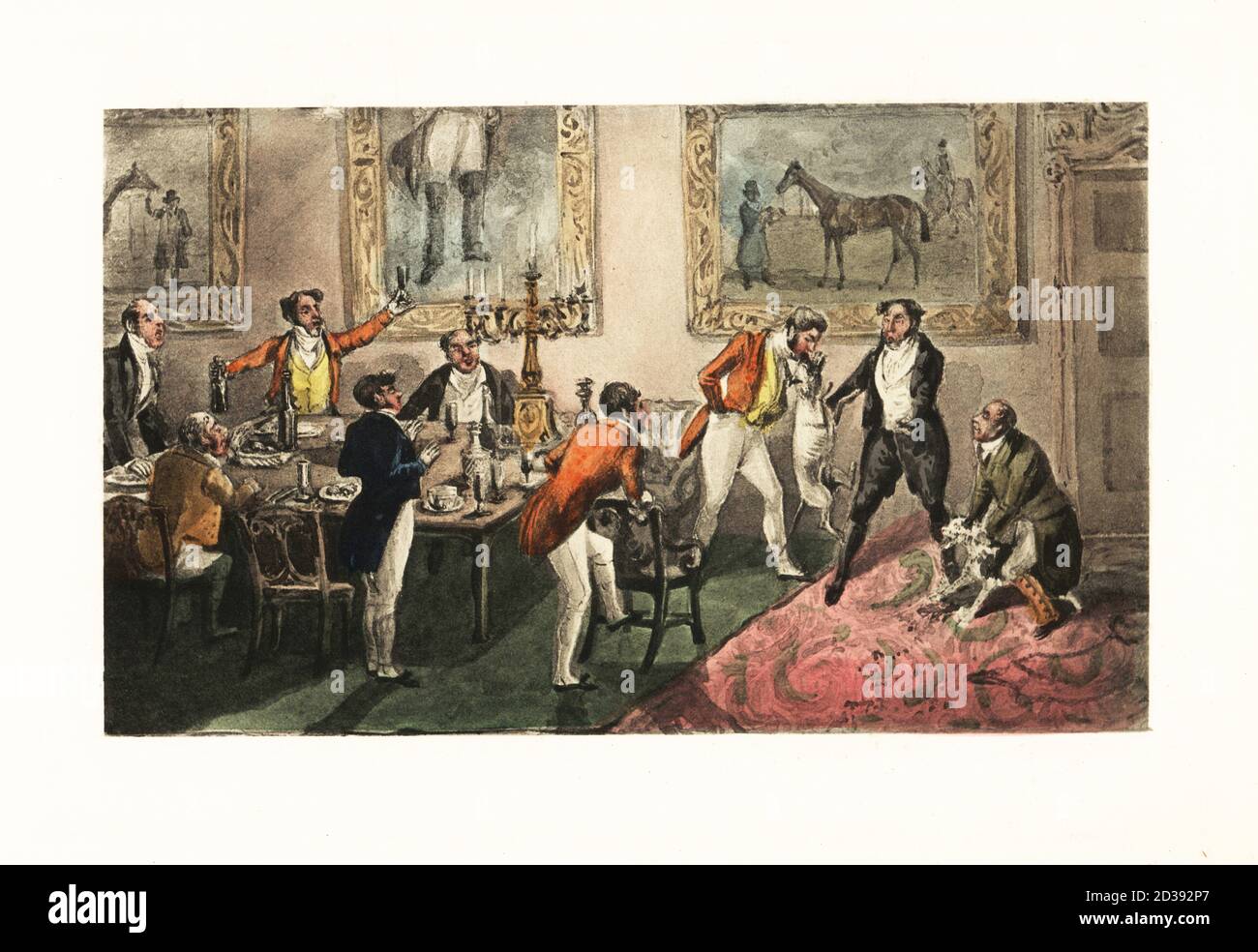 Drunken gentleman lifting a dog by its nose to stop a dog fight getting bloody. Blood sport between a Spanish bulldog and a mastiff in the dining room of Halston House. Blood and the bulldog. Chromolithographic facsimile of an illustration by Henry Thomas Alken from Memoirs of the Life of the Late John Mytton by Nimrod aka Charles James Apperley, Kegan Paul, London, 1900. Stock Photo