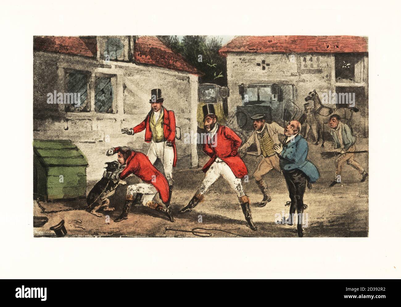 English gentleman biting a dog and beating it while chained in a yard. Other hunters watch in horror. Mytton masters the savage dog. Chromolithographic facsimile of an illustration by Henry Thomas Alken from Memoirs of the Life of the Late John Mytton by Nimrod aka Charles James Apperley, Kegan Paul, London, 1900. Stock Photo