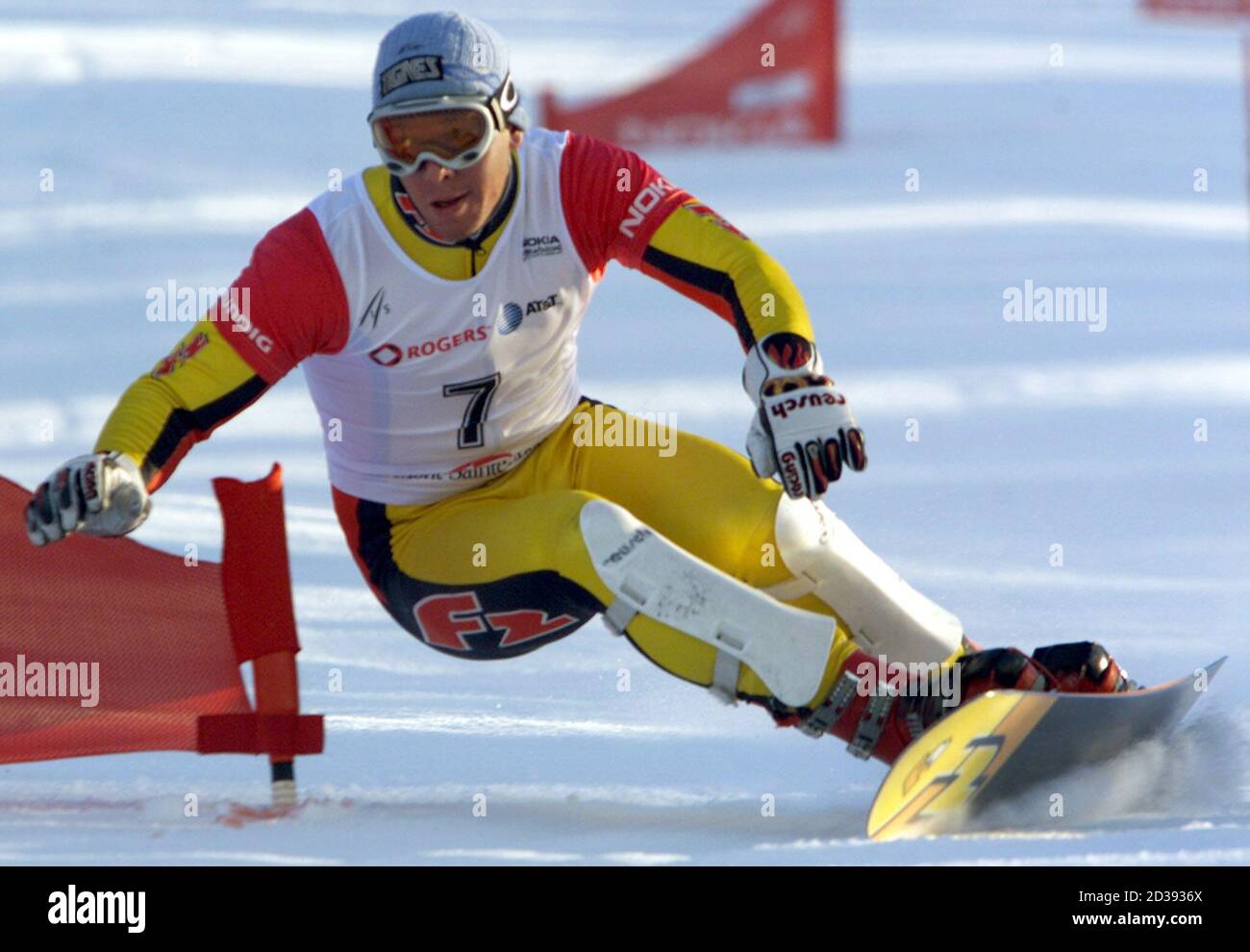 France's Nicolas Huet takes a curve during the Parallel Giant Slalom race  at the Snowboard World Cup in Mont Sainte Anne December 14, 2001.  Slovenia's Dejan Kosir won the race, Gilles Jaquet