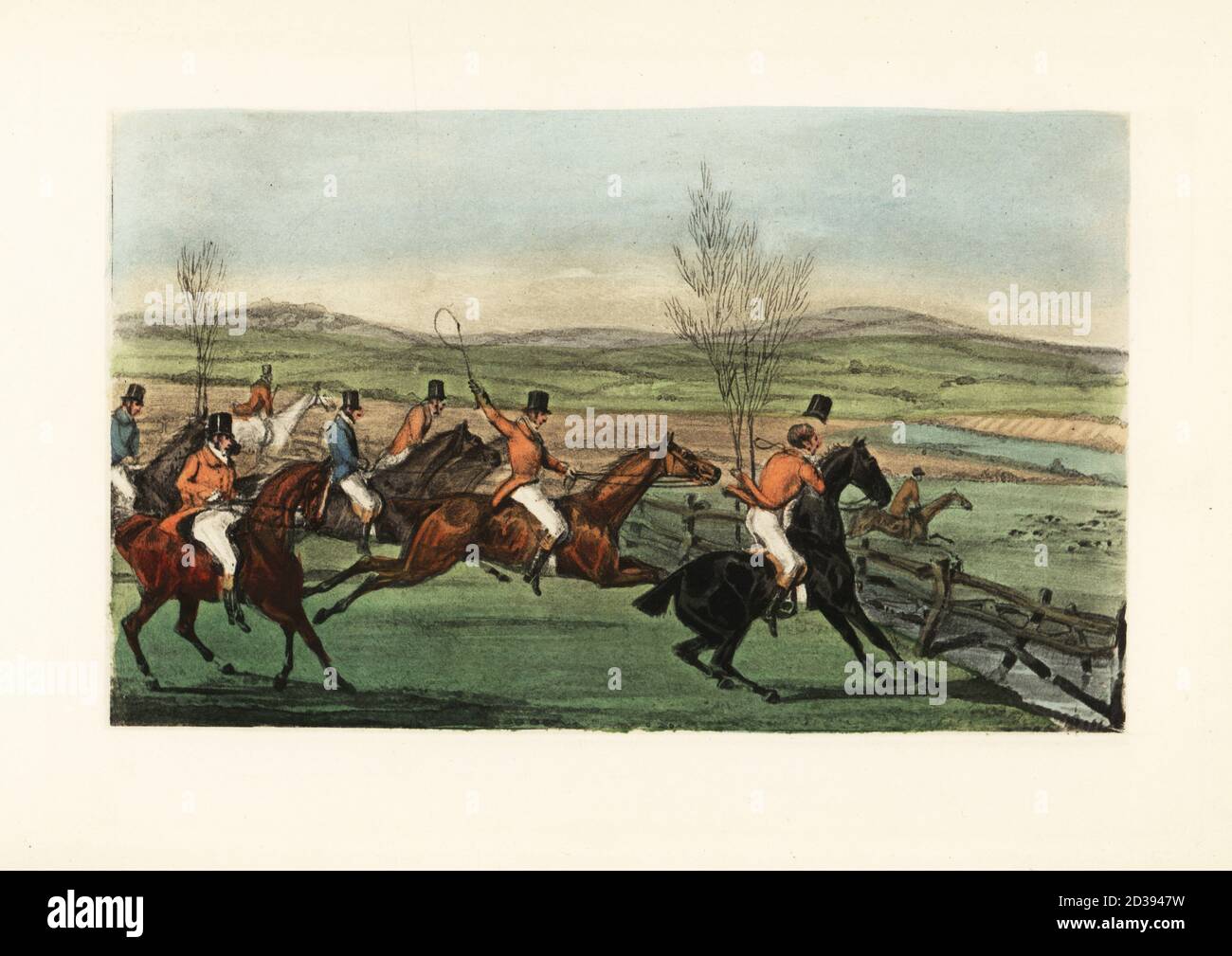 English gentleman falling at a ha-ha or sunken fence during a fox hunt. Mytton fell and was injured at a ha-ha on Shavington Day, 7 April 1829. Now for the honour of Shropshire! The Shavington Day; a trial of rival packs and consequently of rival horsemen. Chromolithographic facsimile of an illustration by Henry Thomas Alken from Memoirs of the Life of the Late John Mytton by Nimrod aka Charles James Apperley, Kegan Paul, London, 1900. Stock Photo