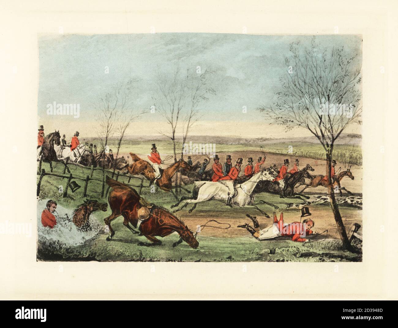English gentleman falling at a ha-ha or sunken fence during a fox hunt. Mytton fell and was injured on Shavington Day, 7 April 1829. A squire-trap, by Jove, cries Mytton. A little more and I should have done it! Chromolithographic facsimile of an illustration by Henry Thomas Alken from Memoirs of the Life of the Late John Mytton by Nimrod aka Charles James Apperley, Kegan Paul, London, 1900. Stock Photo