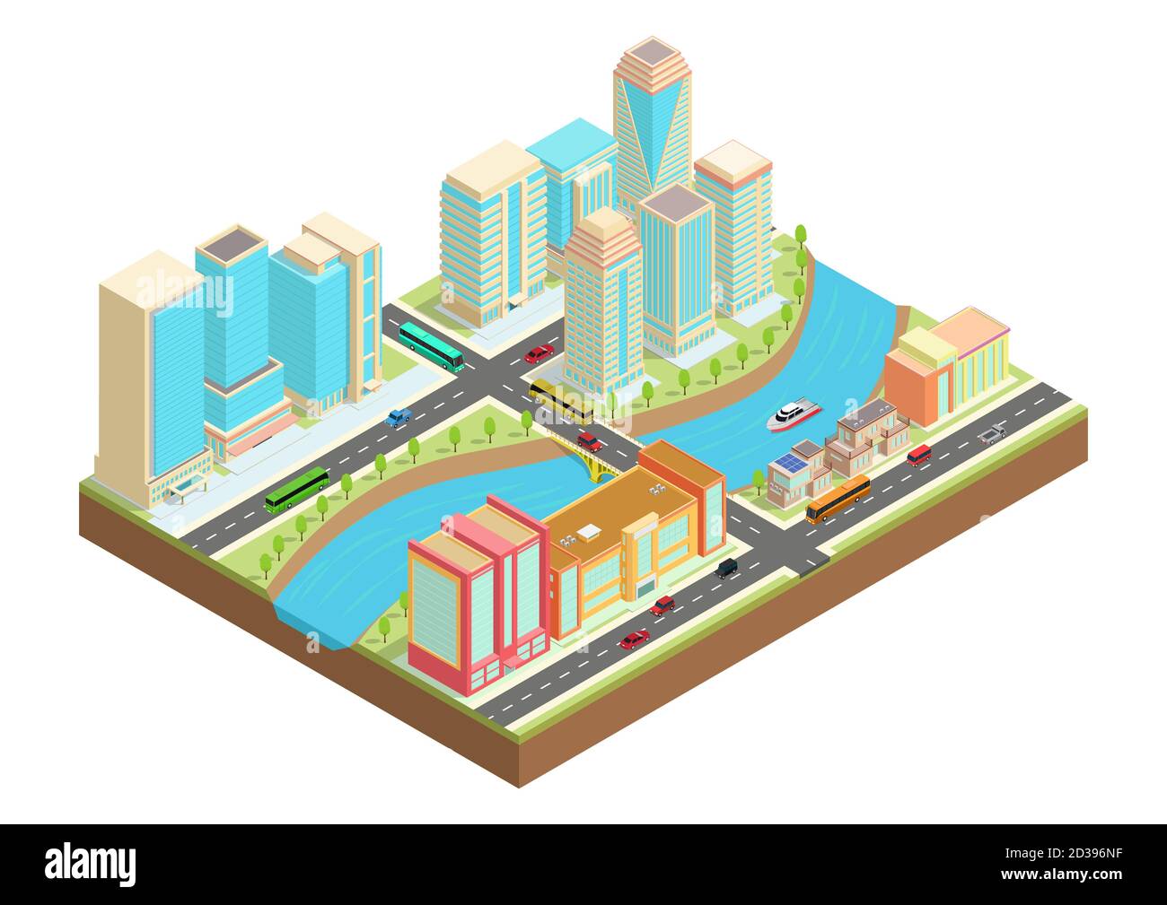 Isometric illustration of a city with a river, cars, yachts, and urban buildings and houses. Stock Photo