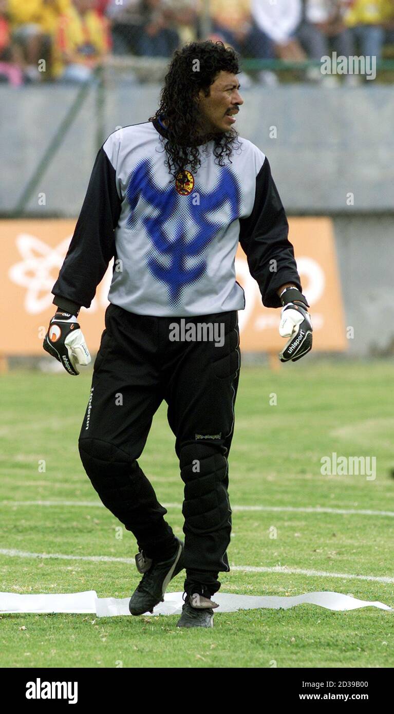 Famous Colombian goalkeeper Rene Higuita is seen in this file photo taken  on November 7, 2004, in Quito. Higuita, who plays for Ecuador's Aucas, was  detected positive after a doping test with