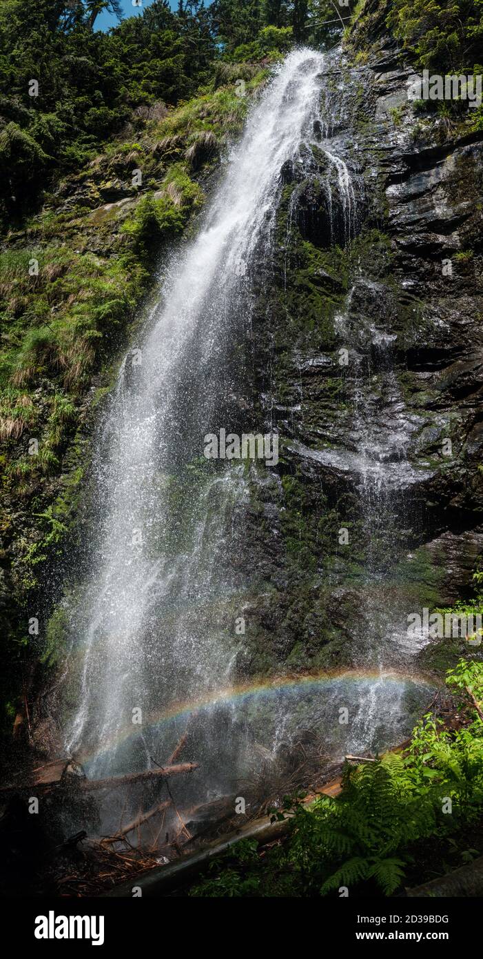 Picturesque summer Yalyn waterfall, highest waterfall in Ukrainian Carpathian Mountains, Marmaros. Beautiful rainbow in water streams and water dust. Stock Photo