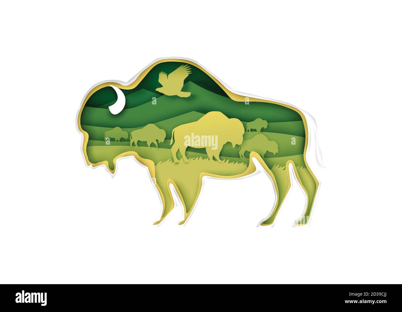 Large buffalo silhouette with prairie landscape, bird, american bison inside, vector illustration in paper art style. Stock Vector