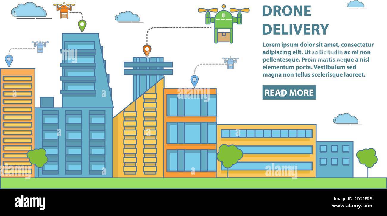 Drone delivery vector horizontal banner in flat linear style Stock ...