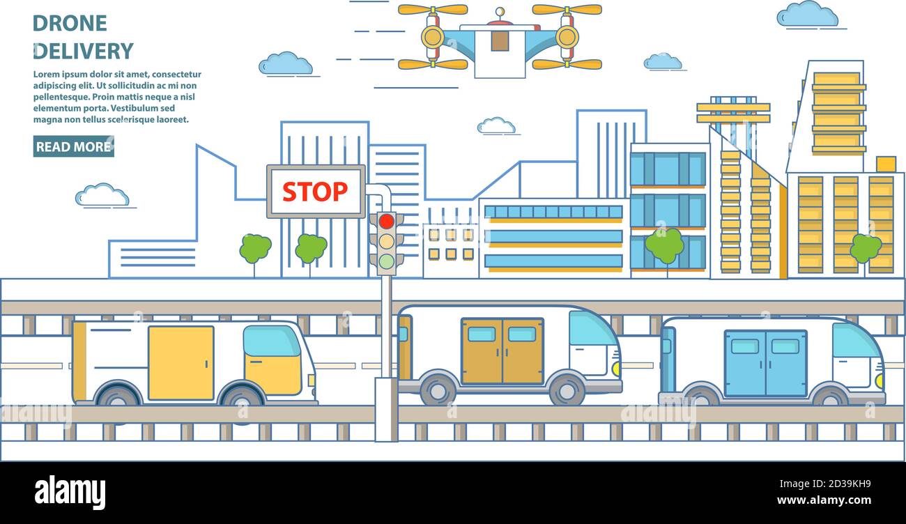 Drone delivery vector horizontal banner in flat linear style Stock ...