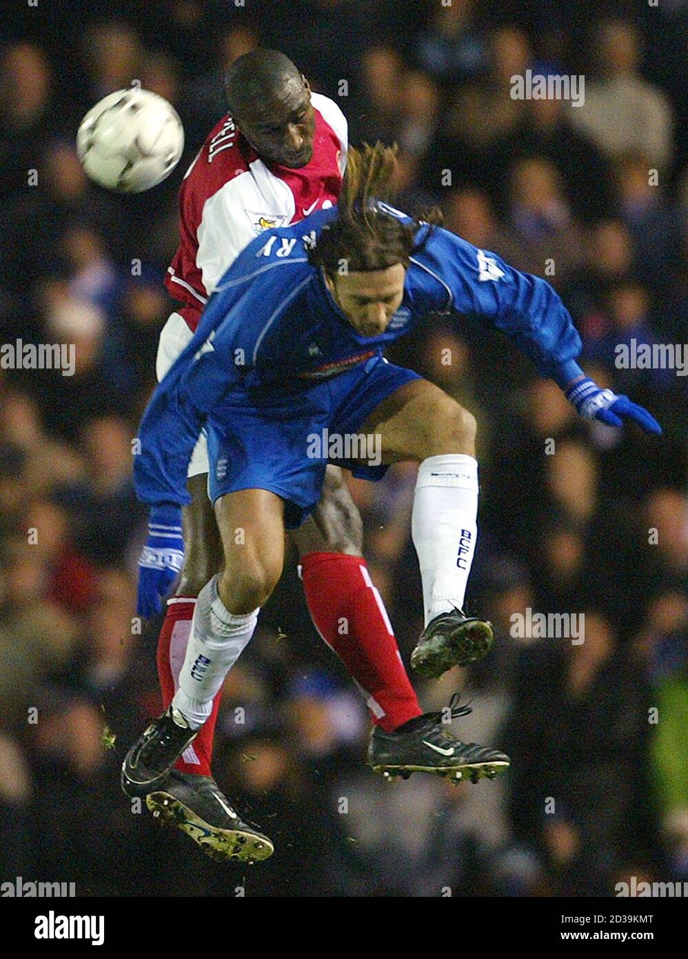 Arsenal S Campbell Out Jumps Birmingham City S Dugarry During Their English Premier League Match At St Andrews Stock Photo Alamy