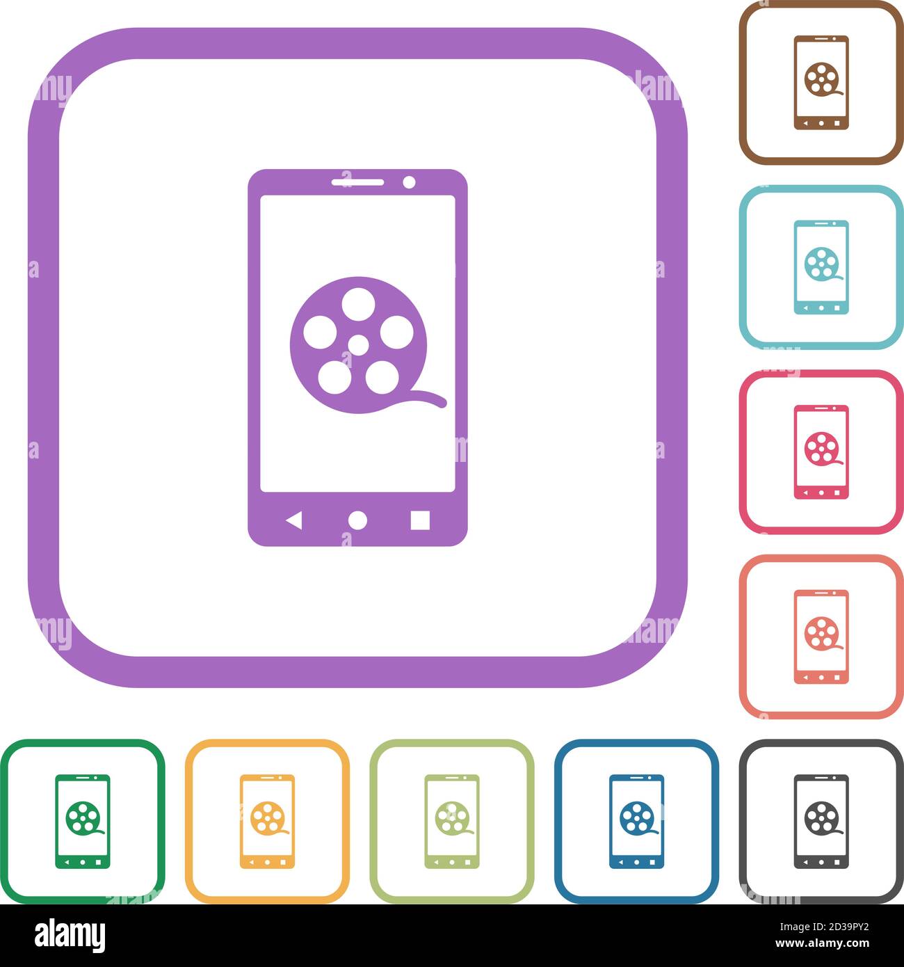 Mobile movie simple icons in color rounded square frames on white ...