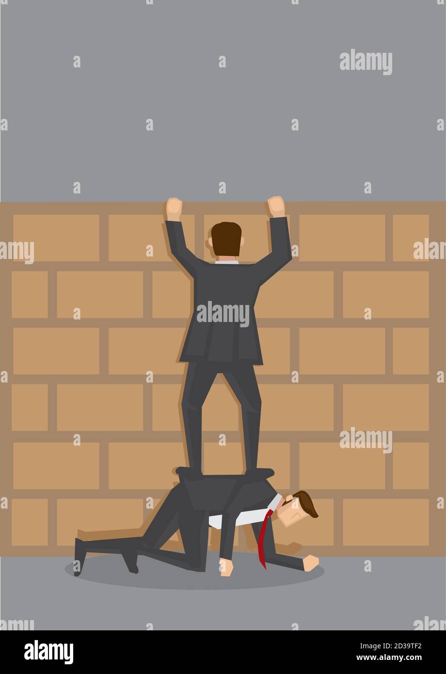 Vector cartoon illustration of adult businessman in suit trying to climb over brick wall by standing on the back of his friend who is crouching on all Stock Vector