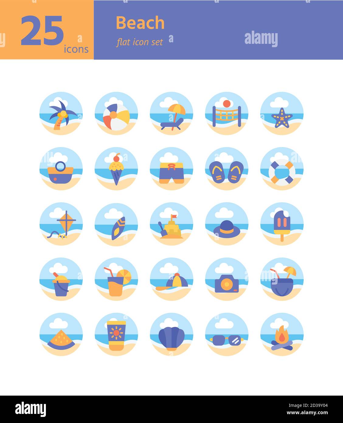 Beach flat icon set. Vector and Illustration Stock Vector Image & Art ...