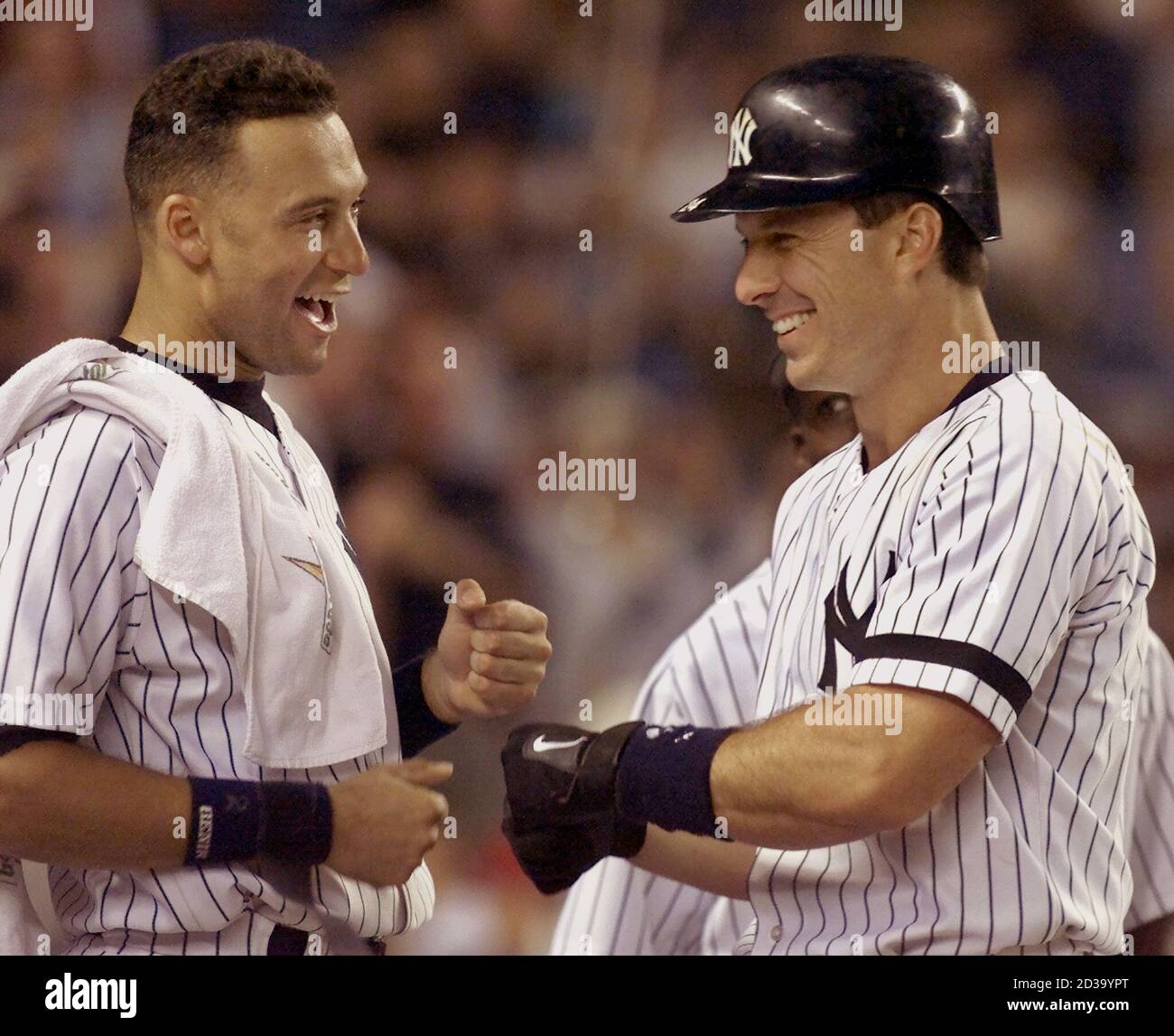 New York Yankees Batter Tino Martinez R Shares A Laugh With Teammate Derek Jeter At The Dugout Steps After His Home Run Off Minnesota Twins Pitcher Brad Radke In The Fourth Inning