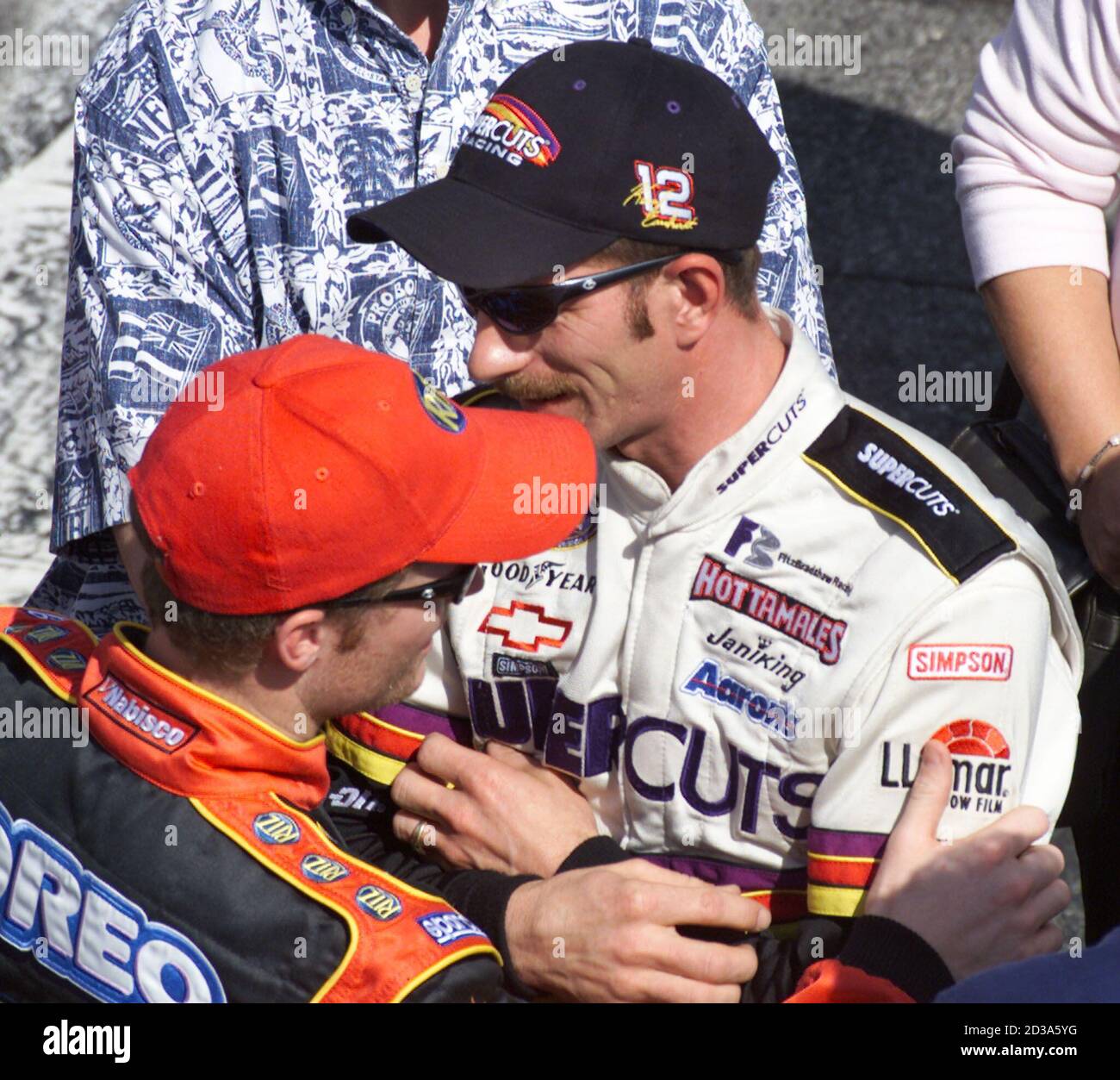 Dale Earnhardt Jr. (L) greets his half brother Kerry Earnhardt on pit